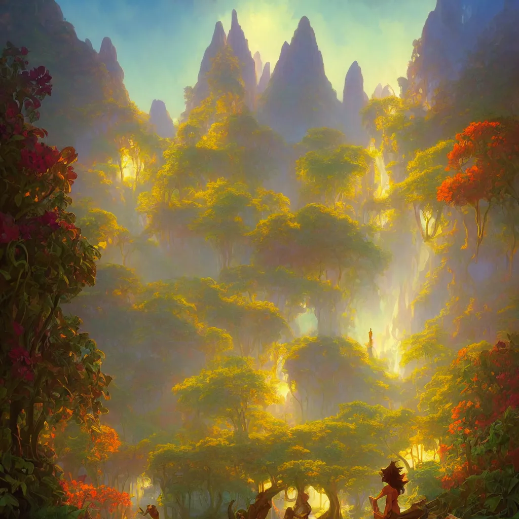 Prompt: enchanted temple landscape in the style of riven and myst by rhads and marc simonetti and alphonse mucha. vivid color, highly detailed, mystical, digital painting, artstation, concept art, matte, sharp focus.