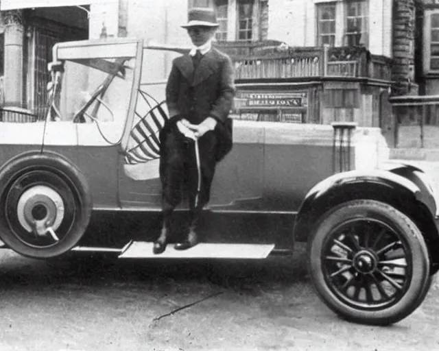 Image similar to 1 9 2 0 s photo of a person standing next to a tesla car