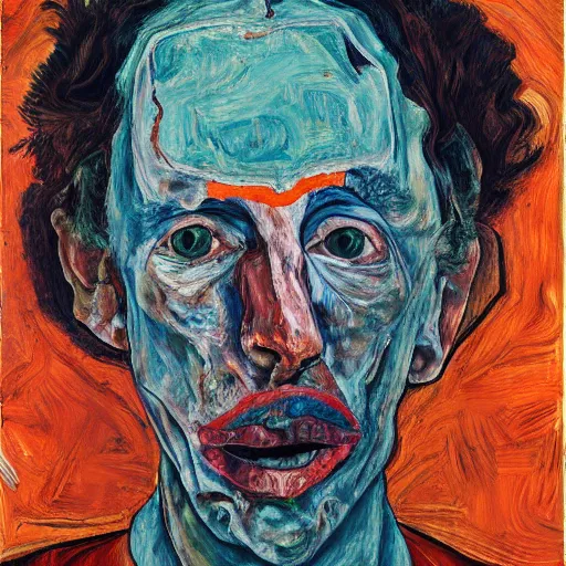 Image similar to high quality high detail expressionist painting of a man in agony by lucian freud and jenny saville egon schiele and francis bacon, hd, anxiety, turquoise and orange