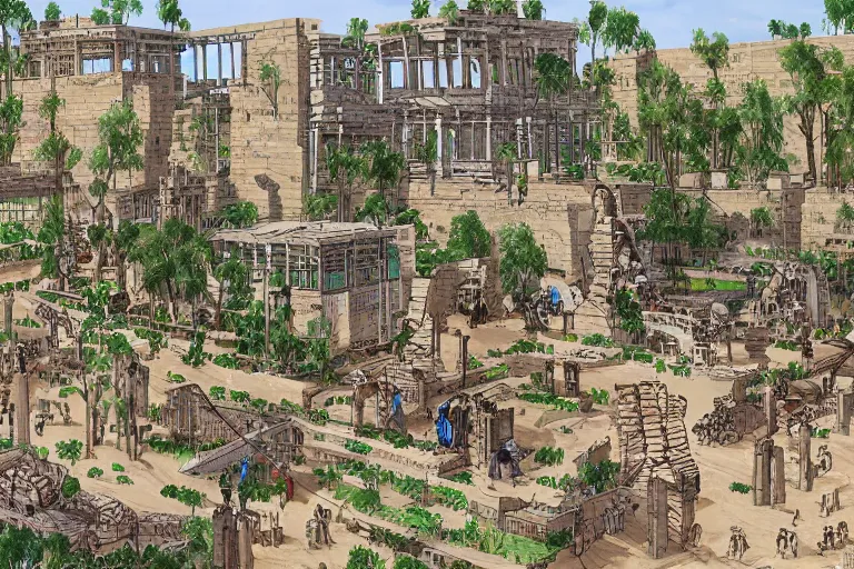Image similar to ancient city of Babylon, hanging gardens of babylon. Robot mechas roaming the streers of ancient babylon. By mpemba nabulo, highly detailed