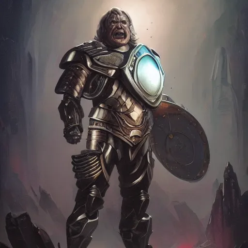 Image similar to darkseid character portrait, wearing shining armor, holding a large platinum shield, by peter mohrbacher, mark brooks, jim burns, wadim kashin, greg rutkowski, larry elmore, esao andrews, trending on artstation