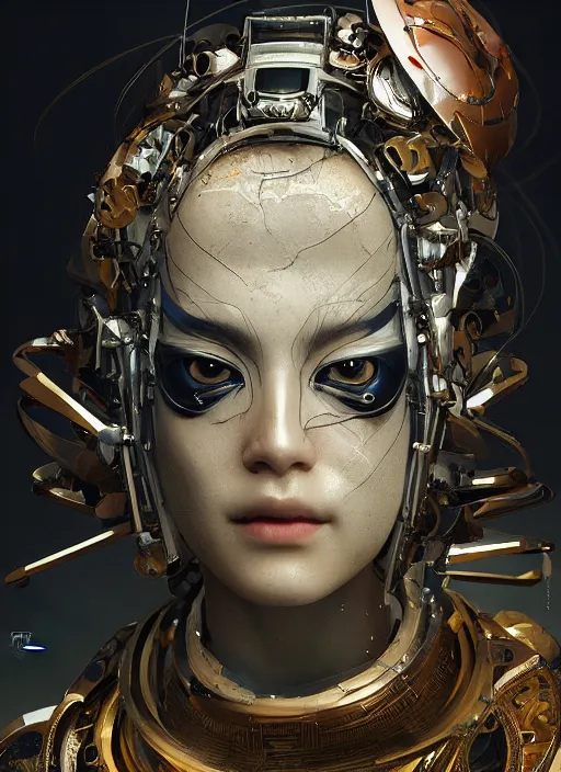 Image similar to portrait of a futuristic geisha cyborg, kintsugi, modern fine art, fractal, intricate, elegant, highly detailed, digital photography, subsurface scattering, by jheronimus bosch and greg rutkowski,