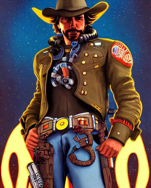 Image similar to mccree from overwatch, space suit, character portrait, portrait, close up, concept art, intricate details, highly detailed, vintage sci - fi poster, retro future, in the style of chris foss, rodger dean, moebius, michael whelan, and gustave dore