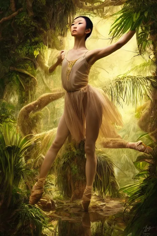 Image similar to stunningly beautiful, asian prima ballerina in jungle, symmetrical face, golden hour, smooth, focus, highly detailed, hyper realistic, dramatic lighting, elegant, intricate, concept art, art by wlop, mars ravelo, greg rutowski