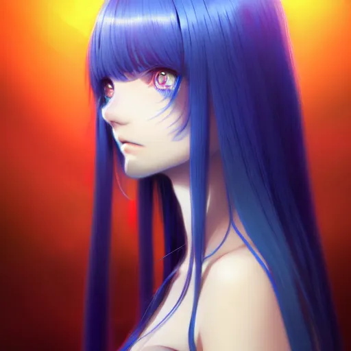 Image similar to attractive long blue - haired girl with bangs gothic anime character with amber eyes, screenshot, anime, sharp focus, intricate, illustration, cell shaded, digital painting, highly detailed, concept art, matte, art by ilya kuvshinov and kyoto animation and wlop, anime character, and greg rutkowski, studio quality, masterpiece