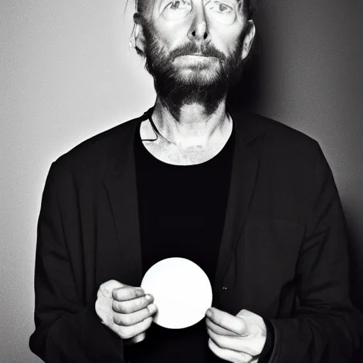 Prompt: Thom Yorke, holding the moon upon a stick, with a beard and a black jacket, a portrait by John E. Berninger, dribble, neo-expressionism, uhd image, studio portrait, 1990s