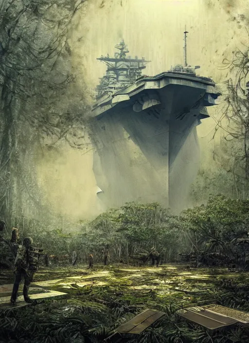 Prompt: huge aircraft carrier, USS Nimitz, overgrown with vegetation laying on the ground of a tropical forest, rotten, rusty, post appocalyptic illustration by Luis Royo, by Greg Rutkowski, dark, gritty, intricate, cover illustration, concept art, volumetric lighting, volumetric atmosphere, sharp focus, octane render, trending on artstation, 8k