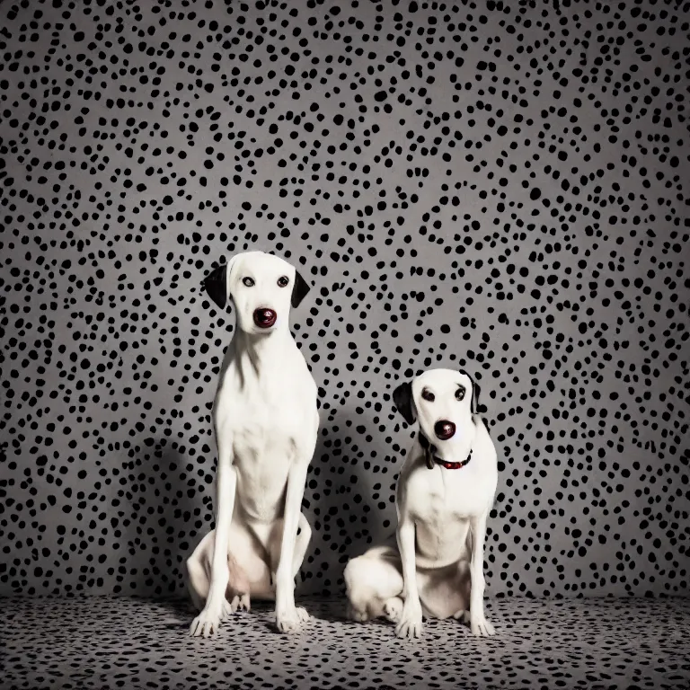 Image similar to vogue photoshoot octane render portrait of 1 0 1 dalmatian with white background, focus bright colorful pastel exotic vintage boutique hotel lounge, very short depth of field, bokeh