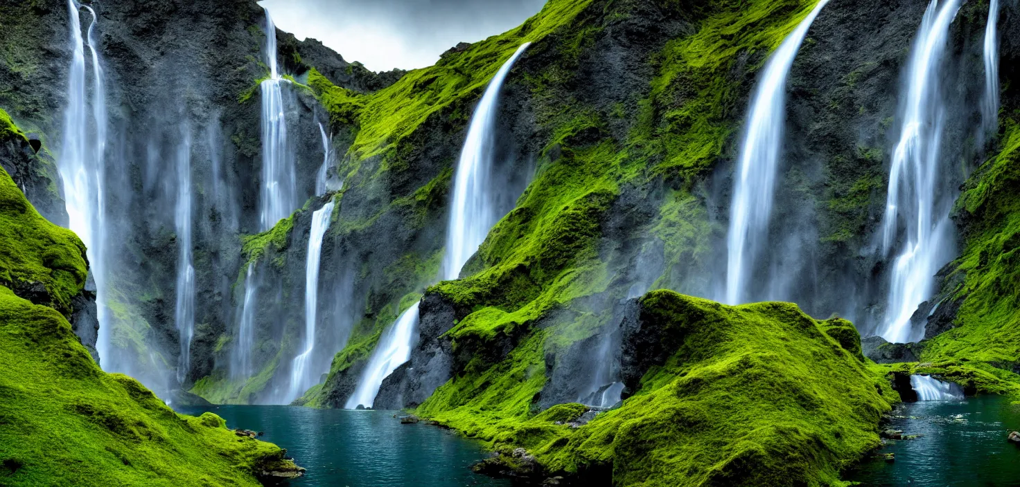 Image similar to a waterfall in the middle of a mountain range, a detailed matte painting by hallsteinn sigurðsson, shutterstock contest winner, naturalism, uhd image, creative commons attribution, photo taken with ektachrome