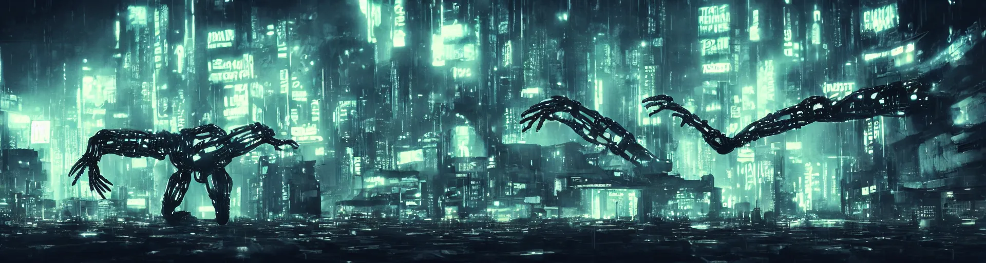 Prompt: apocalyptic ufo scene of cyborg arms with claws reaching out to try and catch fast moving ufos, in the style of blade runner, cyberpunk, laser, smoke, debris