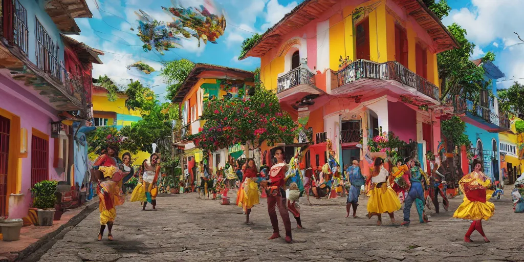 Image similar to An epic fantastic realism comic book style painting of the COLOMBIAN colonial town environment with beautiful houses, traditional dance in the street, exquisite bouquets from an colorfull culture, fisheye, unreal 5, DAZ, hyperrealistic, octane render, dynamic lighting
