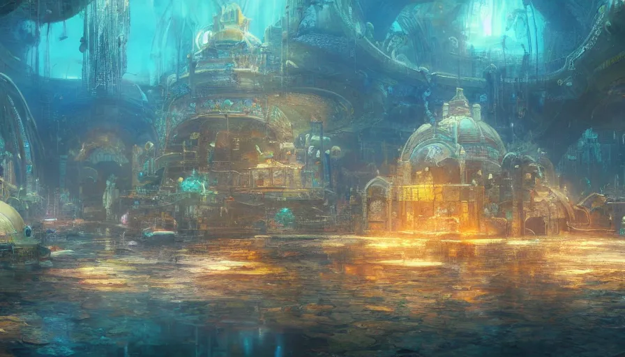 Image similar to Underwater city under a dome with neons by Craig Mullins, hyperdetailed, artstation, cgsociety, 8k