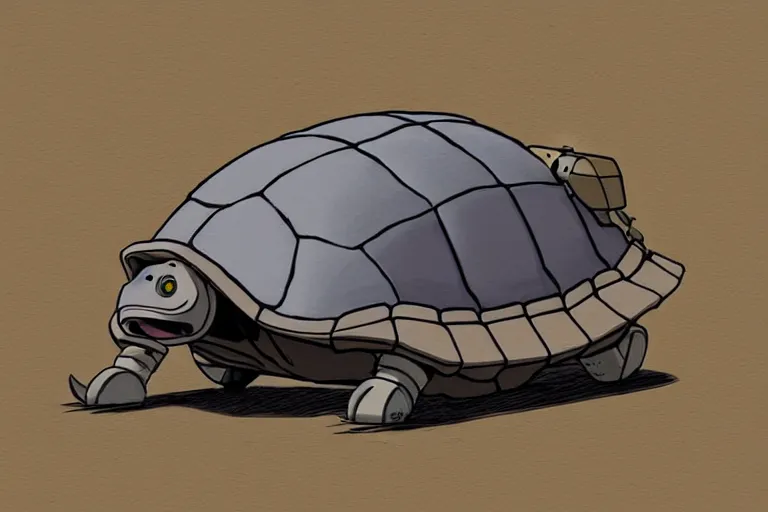 Image similar to a study of cell shaded cartoon of a grey mechanized tortoise from howl's moving castle ( 2 0 0 4 ) on a desert road, full body, wide shot, very muted colors, post grunge, studio ghibli, laurie greasley, highly detailed, deviantart, art by artgem