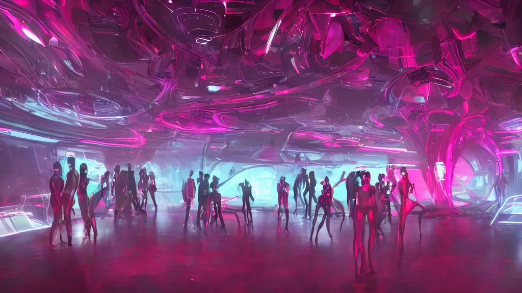 Image similar to sci-fi night club, with exotic female alien gogo dancers dancing on platforms, neon lights, fog, smoke and atmosphere, red tones, bloom, platforms, circular mechanical structures, faceted shapes, contemporary aesthetic, like concept art on artstation, hyperdetailed, octane render, like zaha hadid