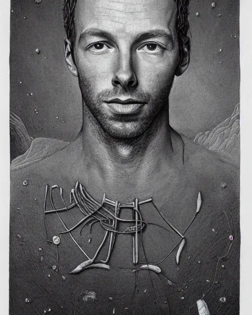 Prompt: a portrait of coldplay chris martin, from the terrifying and incomprehensible beyond, body horror, by gerard brom, zdzisław beksinski and ansel adams