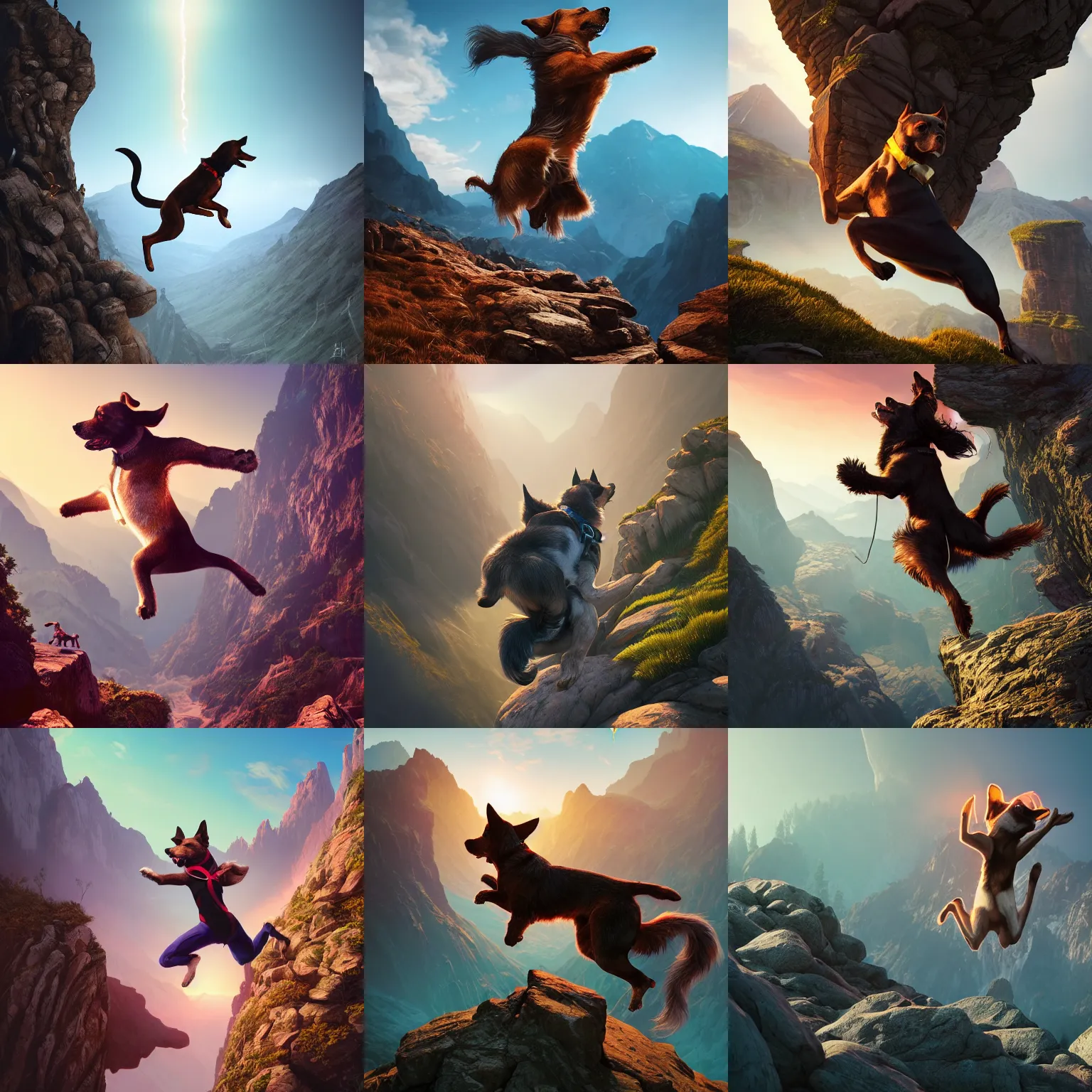 Prompt: dog jumping from mountain, intricate, epic lighting, cinematic composition, hyper realistic, 8 k resolution, unreal engine 5, by artgerm, tooth wu, dan mumford, beeple, wlop, rossdraws, james jean, marc simonetti, artstation