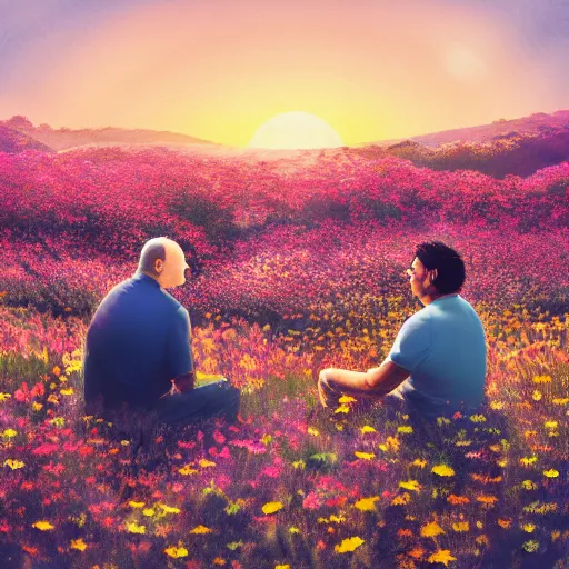 Image similar to a man is white and balding, and middle aged, and the other man is latino and skinny, together in a field of flowers at sunset, realistic, intricate, 4k