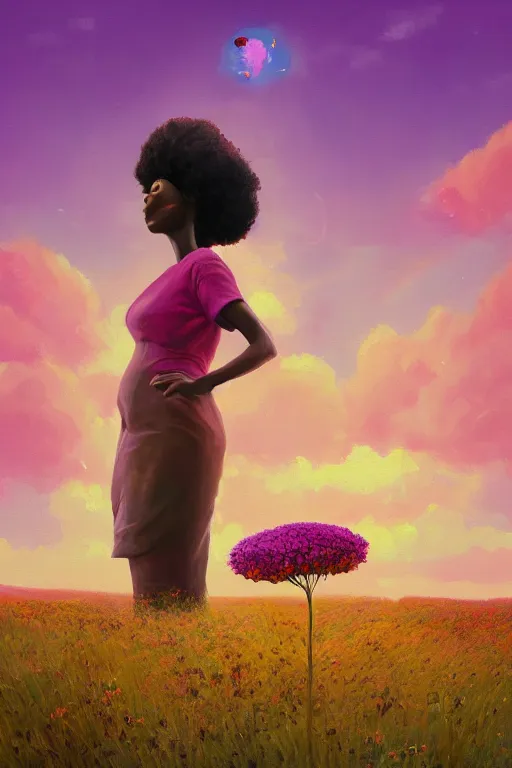 Prompt: closeup, huge flower as head, an african woman in a heather field, surreal photography, golden hour, colorful clouds, impressionist painting, digital painting, artstation, simon stalenhag