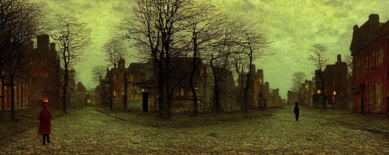 Image similar to a boy lost in a ghost town, in the style of john atkinson grimshaw, landscape, romanticism, streetscape, symbolism, impressionism