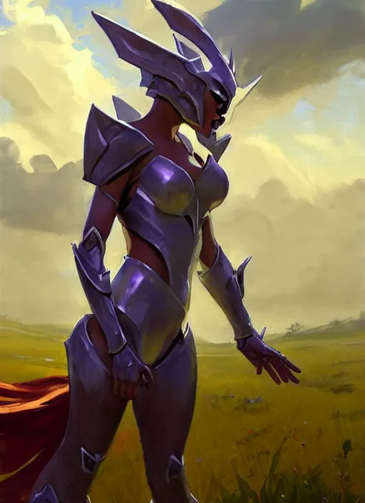 Image similar to Greg Manchess painting of Syndra from League of Legends wearing Forerunner Armor from Halo, countryside, calm, fantasy character portrait, dynamic pose, above view, sunny day, thunder clouds in the sky, artwork by Jeremy Lipkin and Giuseppe Dangelico Pino and Michael Garmash and Rob Rey, very coherent asymmetrical artwork, sharp edges, perfect face, simple form, 100mm