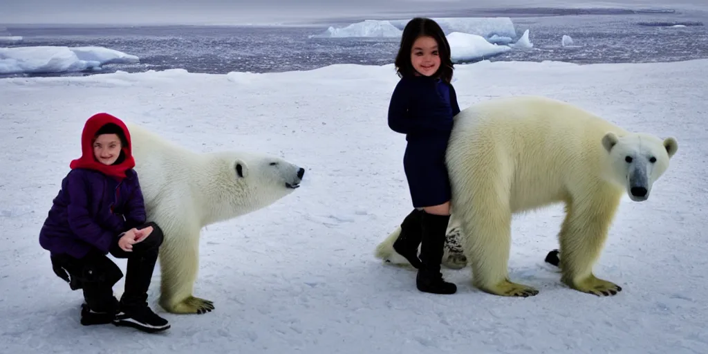 Prompt: A girl and the most honest and cutest polar bear in the world