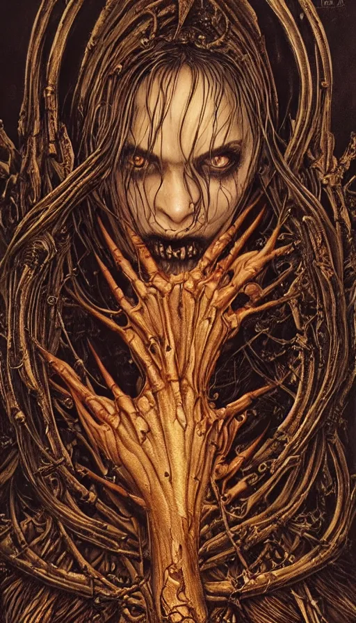 Prompt: Elden Ring, vampiric succubus oracle exoskeleton saint icon portrait themed tarot card, the dark post-apocalyptic hellscape torment intricate golden artwork by Artgerm, Johnatan Wayshak, Zdizslaw Beksinski, Darius Zawadzki, H.R. Giger, Takato Yamamoto, masterpiece, very coherent artwork, cinematic, high detail, octane render, unreal engine, 8k, High contrast, golden ratio, trending on cgsociety, ultra high quality model, production quality cinema model in the style of Midjourney, highly detailed and intricate artwork, masterpiece, majestic, ephemeral, cinematic lighting, vivid and vibrant colors, iconic movie poster character production art concept, haunting, horror, gothic fog ambience, golden fire palette, Artstation trending, unreal engine, octane render