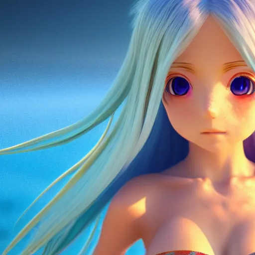 Image similar to Render of a very beautiful 3d anime girl, long sky blue hair, golden eyes, full round face, short smile, very beautiful see through azure bikini, golden hour, serene beach setting, cinematic lightning, medium shot, mid-shot, highly detailed, trending on Artstation, Unreal Engine 4k wallpaper