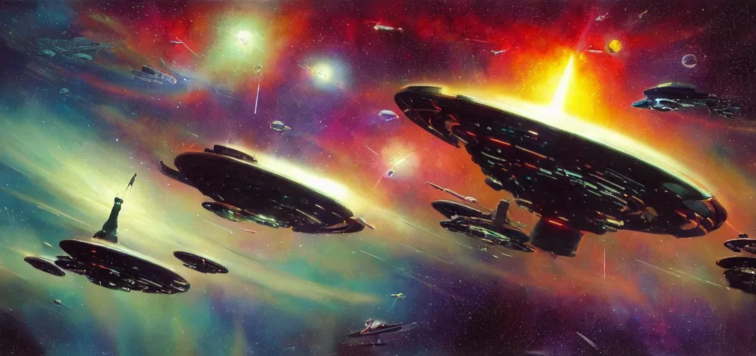 Prompt: a starship and spaceship battle with hundreds of ships across the oil painted nebula surrounding the close encounters of the third kind mothership, lasers in mid flight, by chris foss, syd mead, ralph mcquarie, art station, high detail, award winning, psychedelic and glittering, cinematic composistion