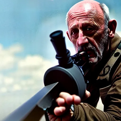 Image similar to Film still of Mike Ehrmantraut aiming a !!!sniper rifle!!!, 4k, !!highly detailed!!
