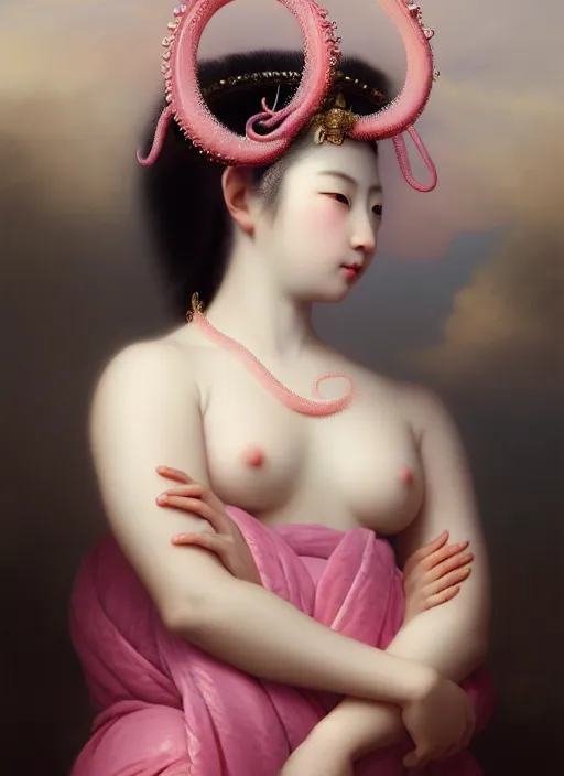 Image similar to stunning japanese godess princess, detailed pink and white of tentacles head peace against a black backdrop by ivan aivazovsky, 3 / 4 view portrait, wlop, super sharp details, photorealism, canon 5 d, 5 0 mm lens, stunning photoshot, beautiful soft lighting, muted colours, artstation