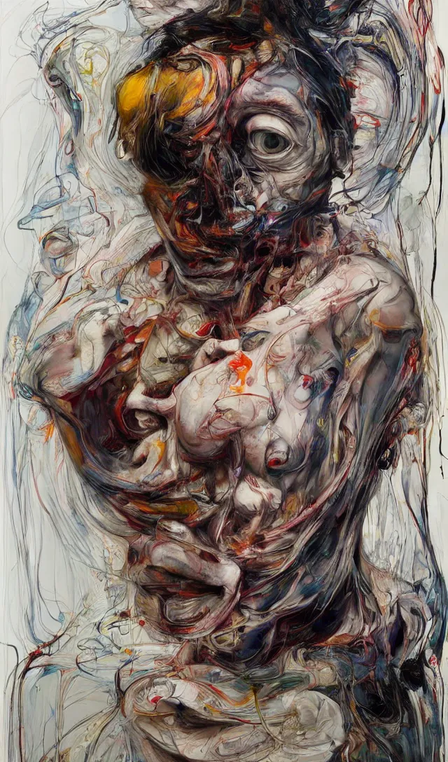 Prompt: there is ugliness in beauty, but there is beauty in ugliness. expressive sadness and fear. full body by jenny saville, scifi, neo - gothic, intricate, rich deep colors. part by james jean, part by adrian ghenie and gerhard richter.