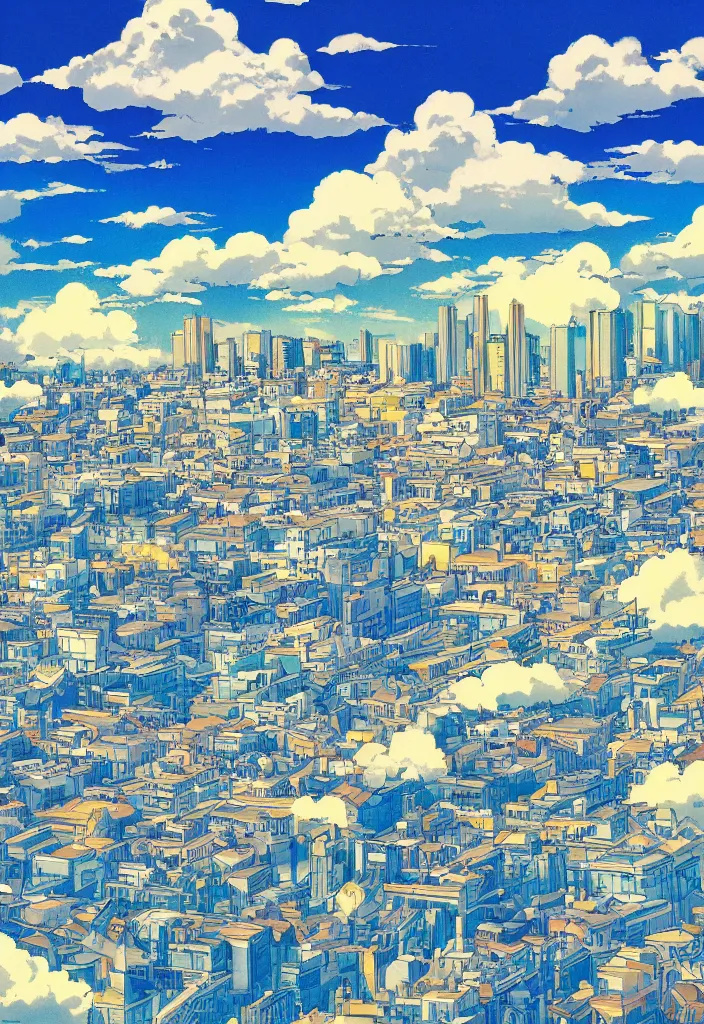 Image similar to madrid city, detailed clouds, sunbeams, heavenly color scheme, studio ghibli scheme