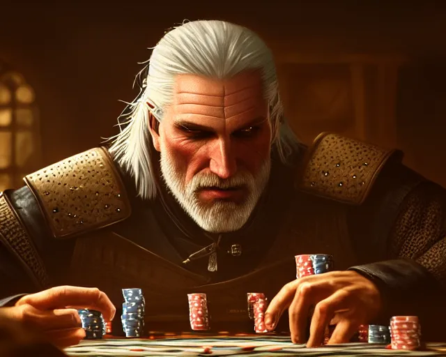 Image similar to 5 5 mm portrait photo of geralt playing poker. magical atmosphere. art by greg rutkowski. highly detailed 8 k. intricate. lifelike. soft light. nikon d 8 5 0.