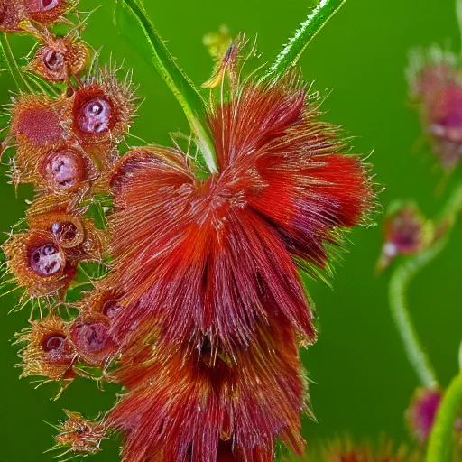 Image similar to the mulatto stuck to the sundew flower, beautiful, hyper-realistic, high resolution, hypnotic measurements , 8k, hyper-detailed