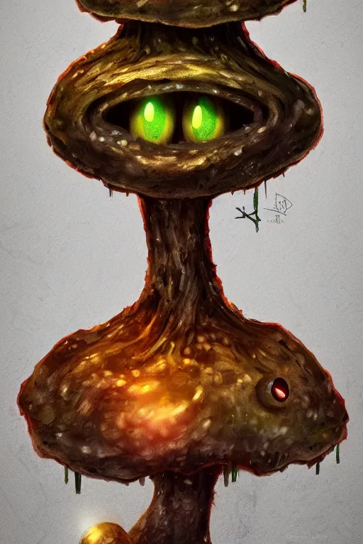 Image similar to a humanoid figure mushroom monster with large amber eyes, highly detailed, digital art, sharp focus, trending on art station, plant, anime art style