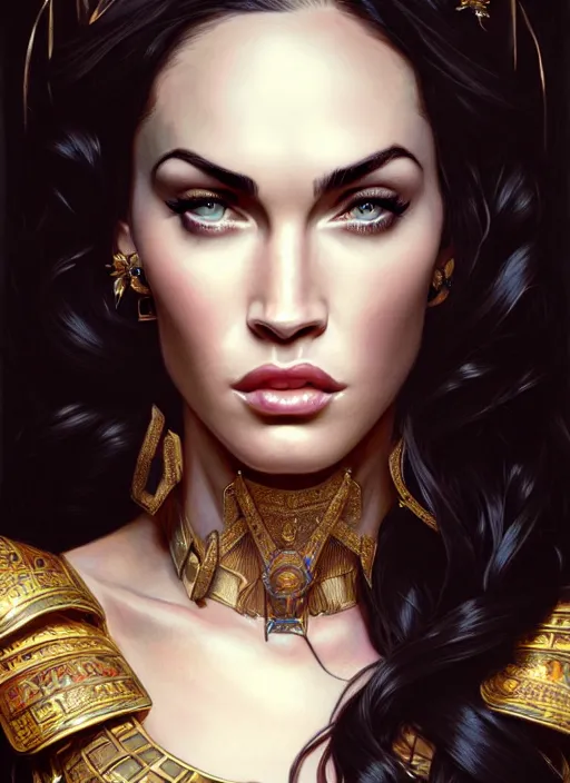 Image similar to portrait of megan fox as a queen, throne, jewelry, greek, black, intricate, headshot, highly detailed, digital painting, artstation, concept art, sharp focus, cinematic lighting, illustration, art by artgerm and greg rutkowski, alphonse mucha, cgsociety