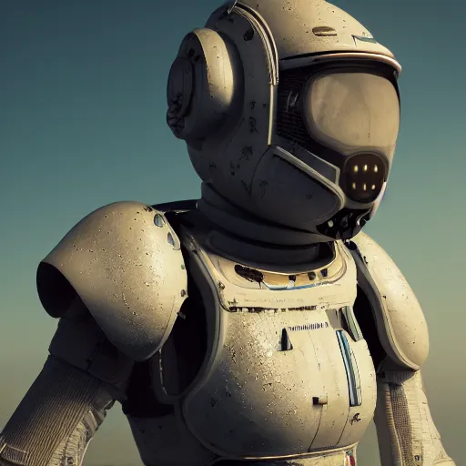 Image similar to portrait photography of a white diesel punk futuristic space suit armor, in an alien planet, ultra detail, high detail, 8 k, octane render, in the style of edward hopper