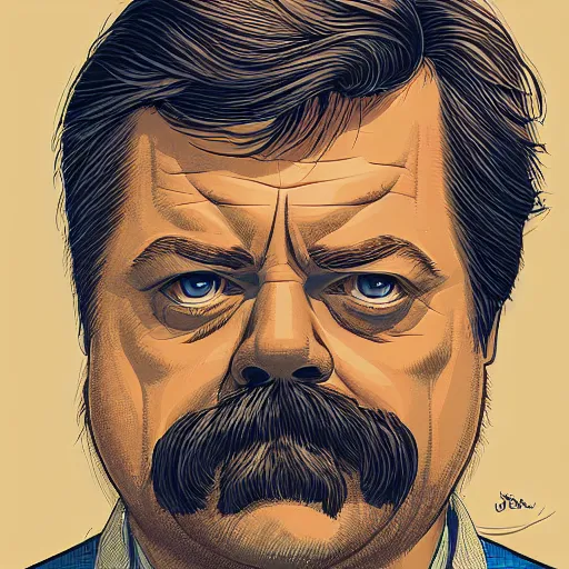 Prompt: a drawing of ron swanson by josan gonzales and Dan Mumford