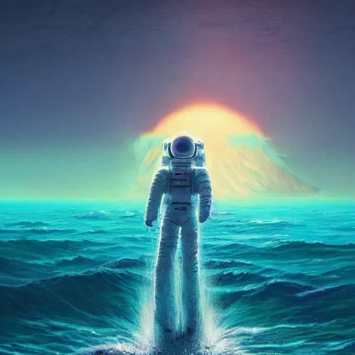 Prompt: hyperdetailed atmospheric masterpiece concept art of an astronaut standing in the middle of the ocean with a gigantic tidal wave in the background, high quality trending on ArtStation by Simon Stalenhag, golden hour, scifi mysterious monolith —W 1024 —H 1024