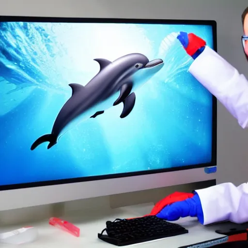 Image similar to A dolphin wearing a chemist outfit playing games on a computer