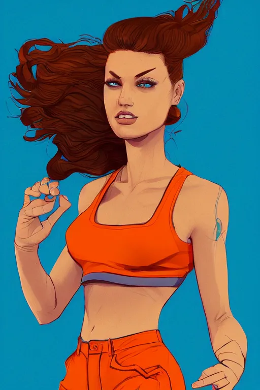 Image similar to a award winning half body portrait of a beautiful caucasian woman in a croptop and cargo pants with ombre orange blue teal hairstyle with head in motion and hair flying by will eisner, outrun, vaporware, digital art, trending on artstation, highly detailed, fine detail, intricate