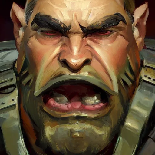 Image similar to greg manchess close - up portrait painting of a ruggedly handsome male dieselpunk orc with olive green skin as an overwatch character, medium shot, asymmetrical, profile picture, organic painting, sunny day, matte painting, bold shapes, hard edges, street art, trending on artstation, by huang guangjian and gil elvgren and sachin teng