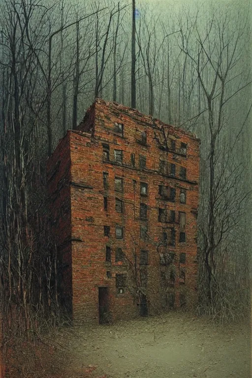 Image similar to (((((a ramshackle manhattan brick brownstone deep in the forest))))) by Zdislav Beksinski!!!!!!!!!!!!!!!!!!!!!!!!!!!