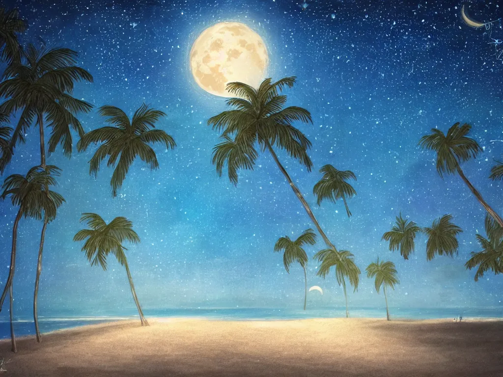 Image similar to night on a summer miami city beach, palm trees, footprints in the sand, full moon reflected in the calm ocean, starry sky 8 k, ultra detailed, trending on artstation, digital painting