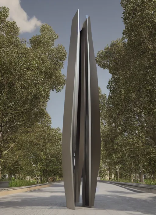 Image similar to highly detailed realistic architecture 3 d render of a metallic wooden stele monument in zaha hadid style standing on a side of a road, archdaily, made in unreal engine 4 octane render