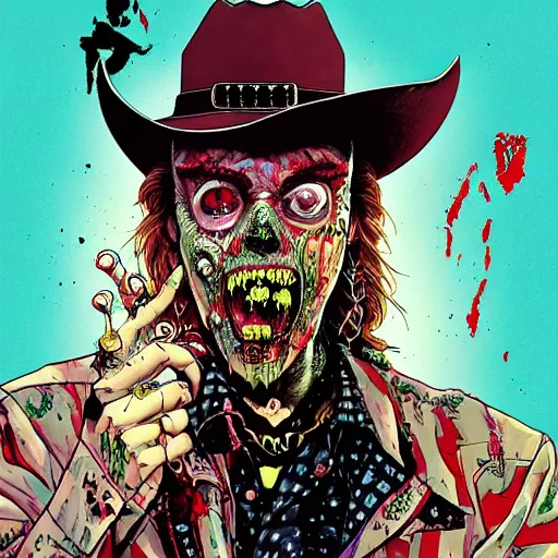 Image similar to portrait of crazy post malone zombie, with cowboy hat, symmetrical, glamour, by yoichi hatakenaka, masamune shirow, josan gonzales and dan mumford, ayami kojima, takato yamamoto, barclay shaw, karol bak, yukito kishiro