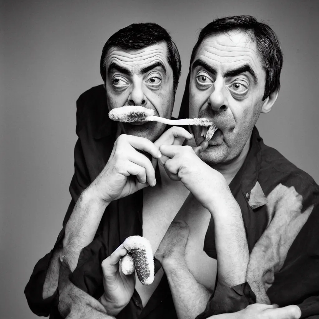 Prompt: An Alec Soth portrait photo of Mr. Bean eating a corndog