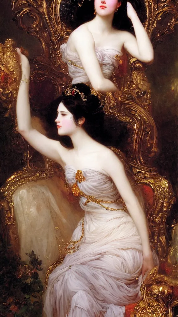 Image similar to a beautiful black haired woman with pale skin and a crown on her head sitted on an intricate metal throne by franz xaver winterhalter and delphin enjolras and rebecca guay