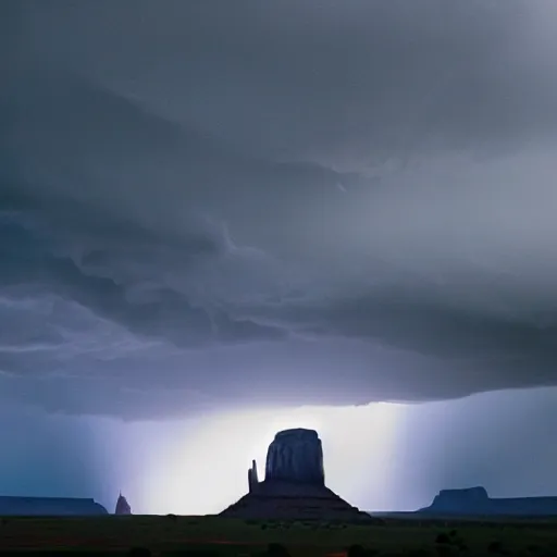 Prompt: thunderstorm in monument-valley volumetric lighting epic