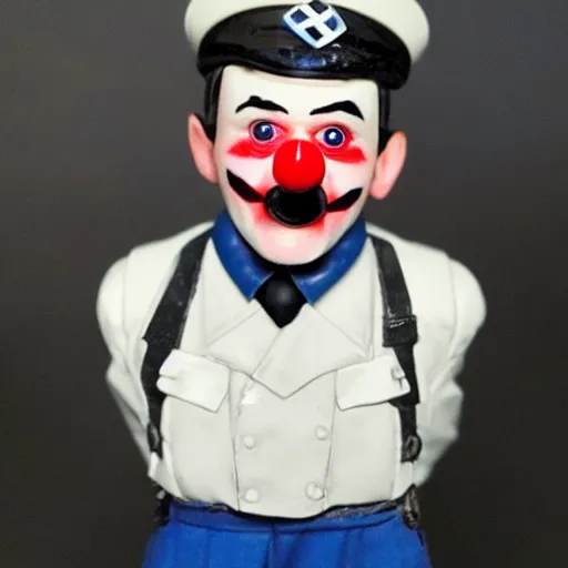 Image similar to adolf hitler clown action figure, well lit, studio light, painted action figure, toy advertisement, toy package